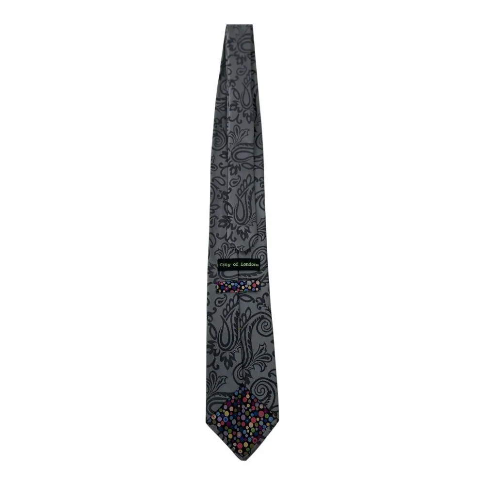 Vintage City of London 100% Silk‎ Men's Tie | Gray | Paisely Print